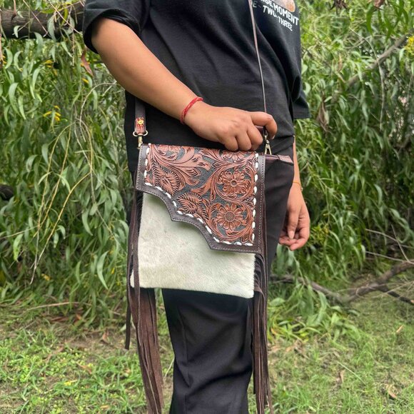 Western Fringe Purse, Tooled Cowhide Tote Bag with Detachable Crossbody Strap - Picture 1 of 7